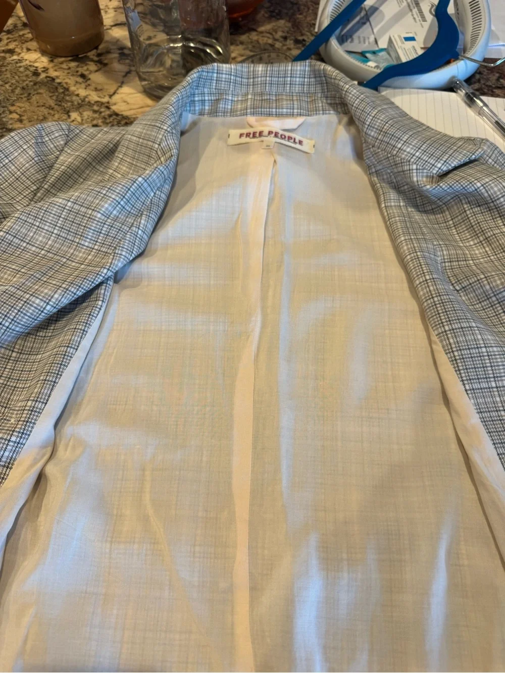 Free People Olivia Light Gray Plaid Double-Breasted Blazer | Relaxed Menswear